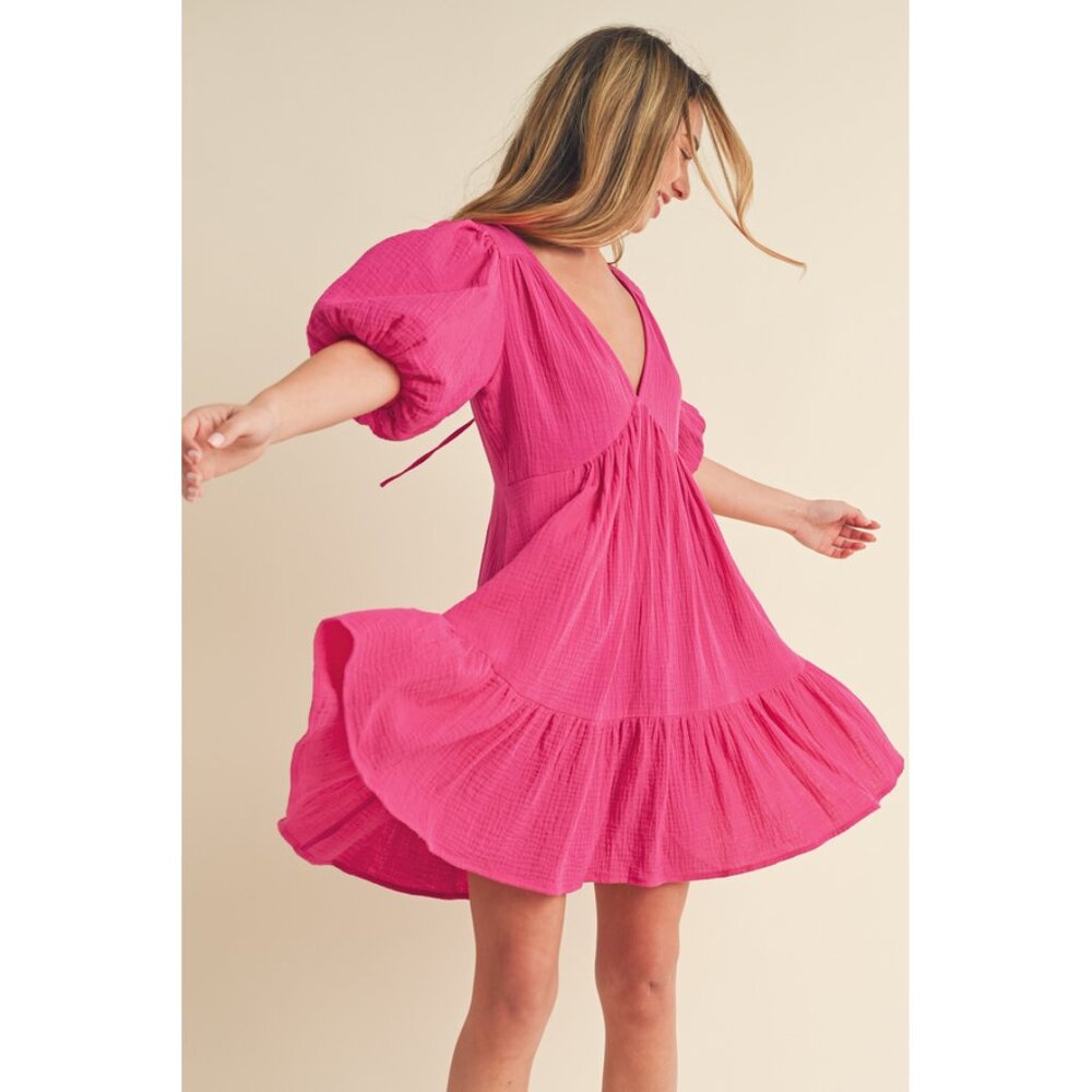 Aemi+Co Sz. L New Tied Back Ruffled Short Sleeve Mini Dress in Magenta Girlies
